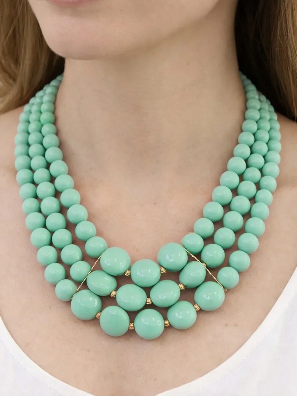 Vintage Acrylic Aqua Green & Gold Tone Graduated in Size Multi Strand Necklace